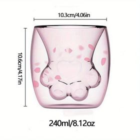 1pc Cat Claw Glass Cup, Creative Insulated Glass Double Layer Coffee Cup High Borosilicate Tea Cup Household Cute Transparent Cat Paw Glass Water (Color: Pink)